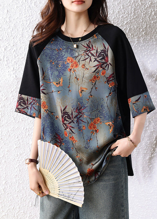 Retro Navy Patchwork Print Cotton Tops Half Sleeve