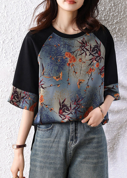 Retro Navy Patchwork Print Cotton Tops Half Sleeve