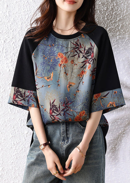Retro Navy Patchwork Print Cotton Tops Half Sleeve