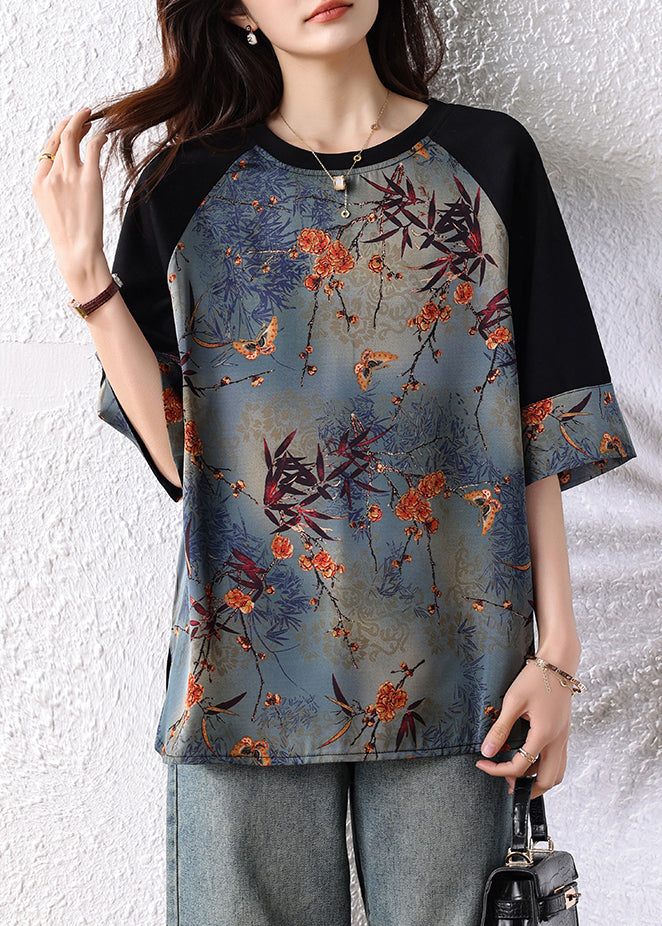 Retro Navy Patchwork Print Cotton Tops Half Sleeve