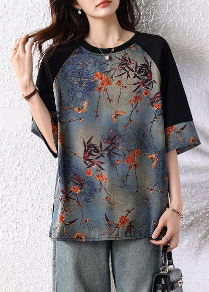 Retro Navy Patchwork Print Cotton Tops Half Sleeve