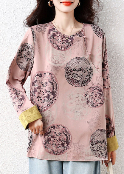 Retro Pink Oversized Print Silk Blouse Top