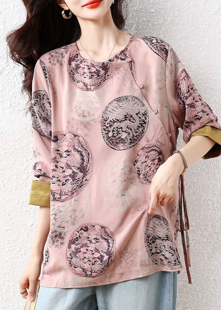 Retro Pink Oversized Print Silk Blouse Top