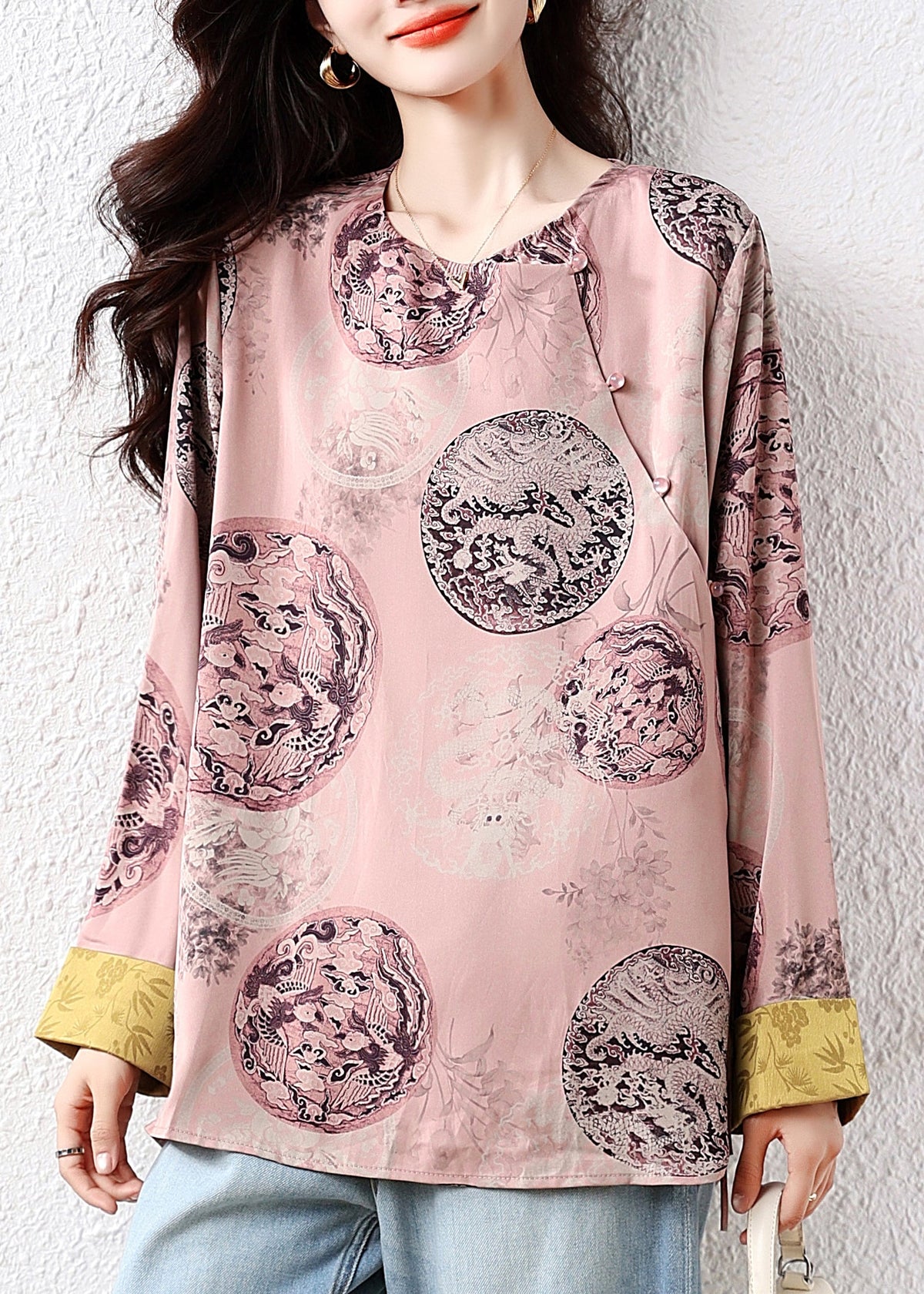 Retro Pink Oversized Print Silk Blouse Top