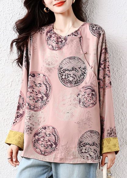 Retro Pink Oversized Print Silk Blouse Top