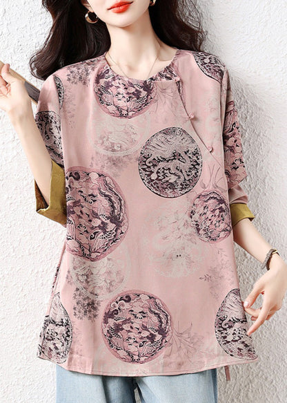 Retro Pink Oversized Print Silk Blouse Top