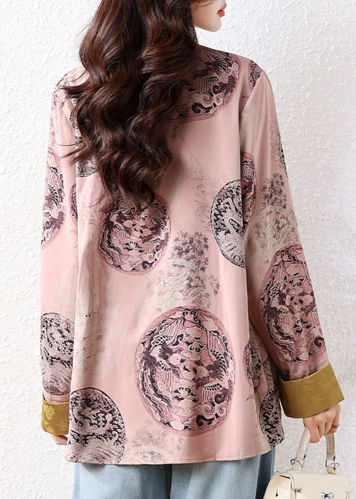 Retro Pink Oversized Print Silk Blouse Top