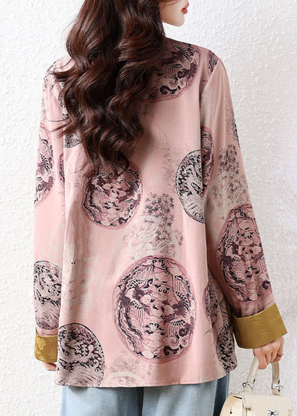 Retro Pink Oversized Print Silk Blouse Top