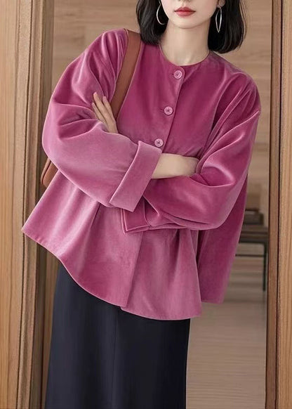 Rose O-Neck Button Silk Velour Shirts