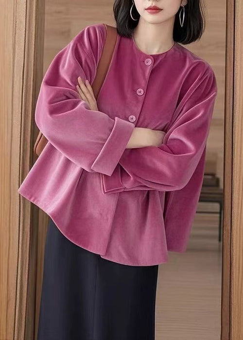 Rose O-Neck Button Silk Velour Shirts