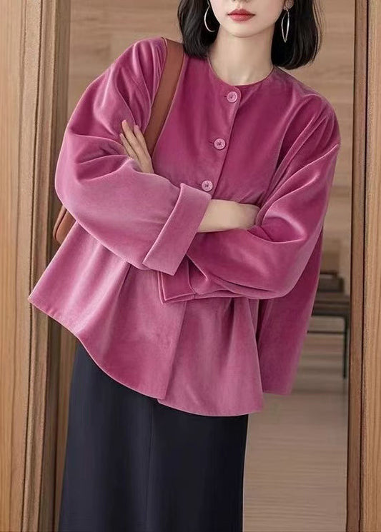 Rose O-Neck Button Silk Velour Shirts