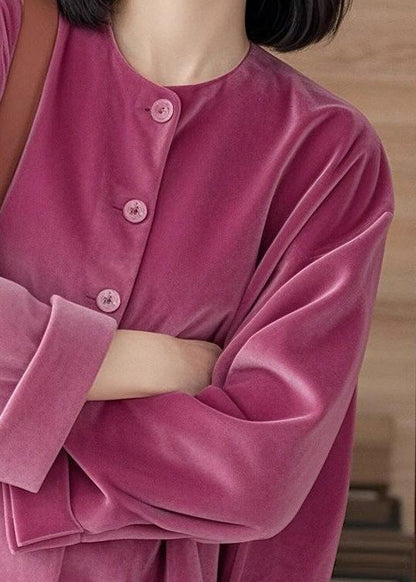 Rose O-Neck Button Silk Velour Shirts