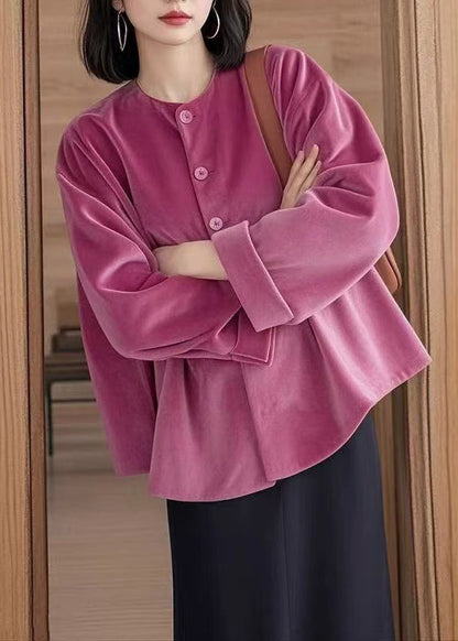 Rose O-Neck Button Silk Velour Shirts
