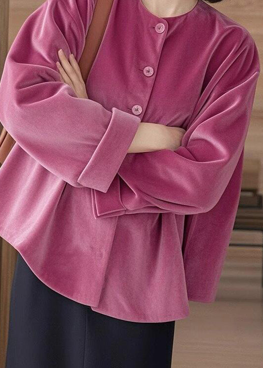 Rose O-Neck Button Silk Velour Shirts