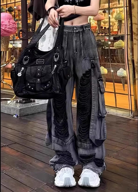 Black Oversized Denim Ripped Pants