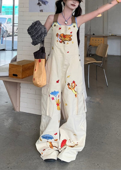 White Embroidered Cotton Overalls Jumpsuit
