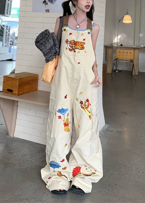 White Embroidered Cotton Overalls Jumpsuit