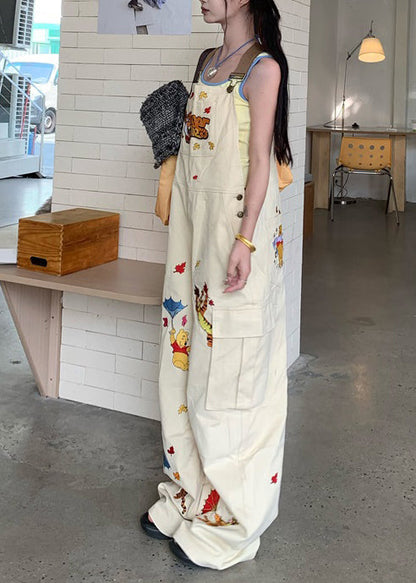 White Embroidered Cotton Overalls Jumpsuit