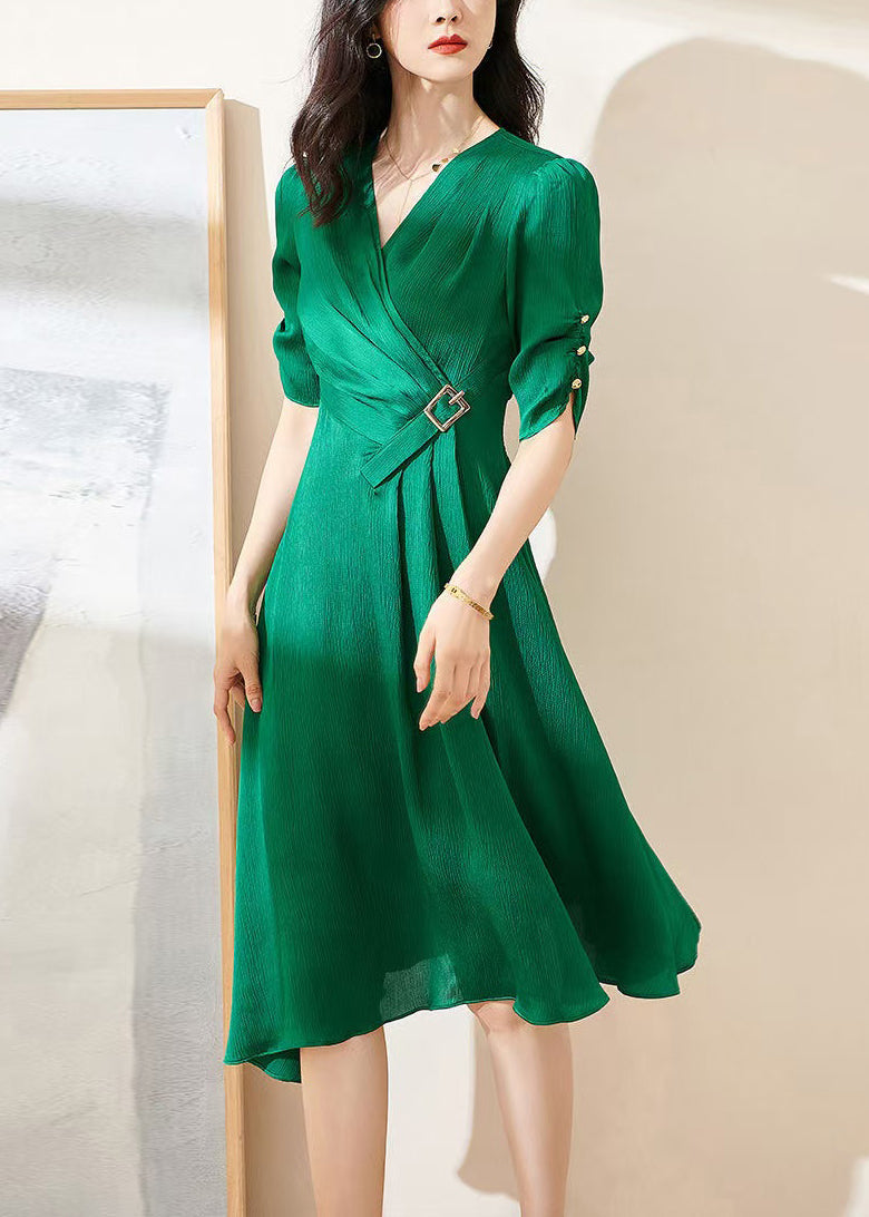Green V-Neck Wrinkled High Waist Cotton Dresses