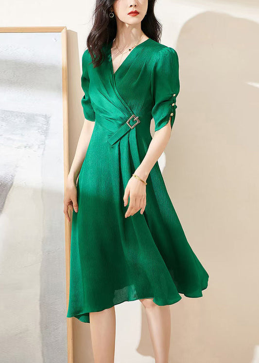 Green V-Neck Wrinkled High Waist Cotton Dresses