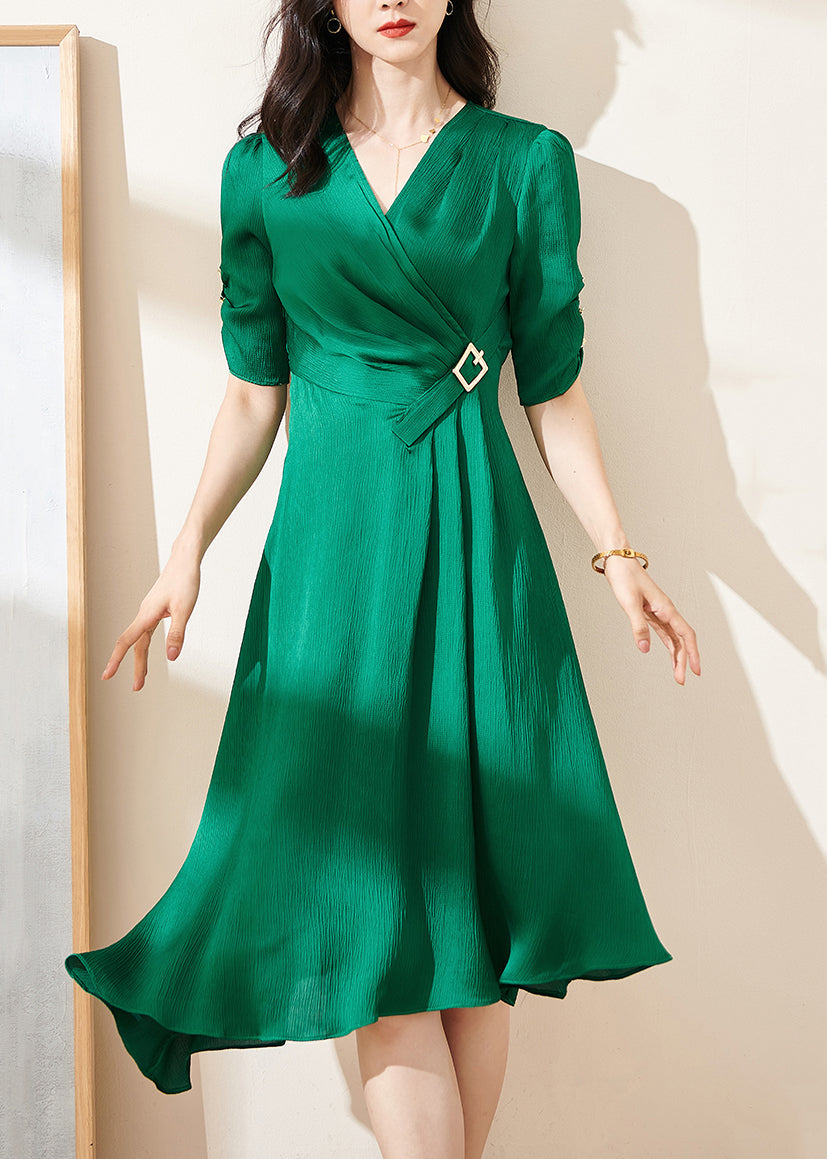Green V-Neck Wrinkled High Waist Cotton Dresses
