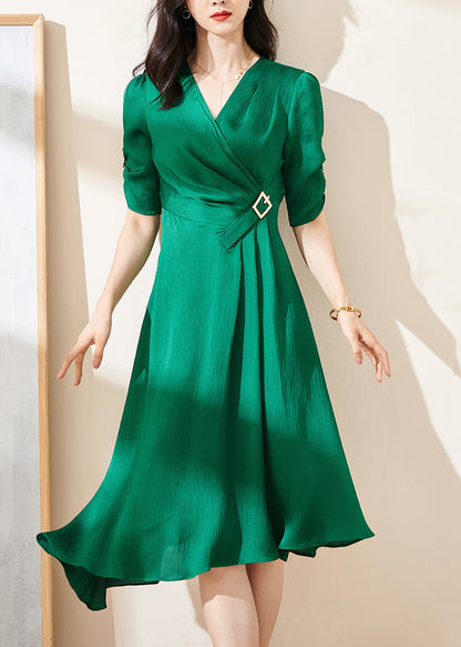 Green V-Neck Wrinkled High Waist Cotton Dresses