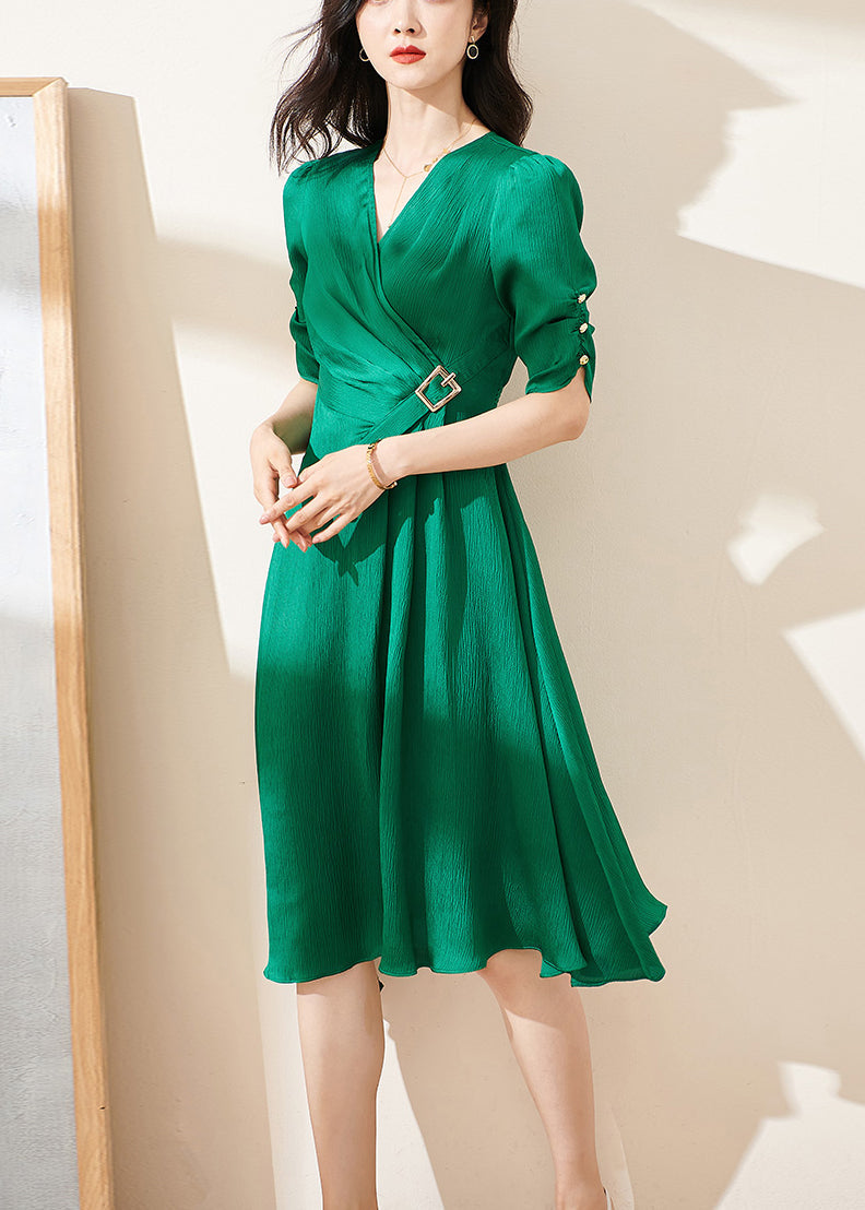 Green V-Neck Wrinkled High Waist Cotton Dresses