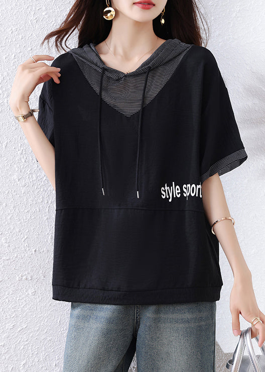 Plus Size Black Hooded Patchwork Cotton Sweatshirt