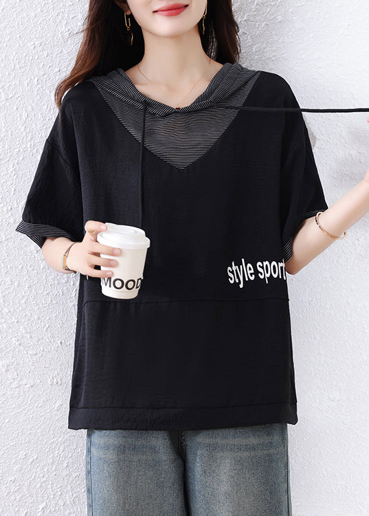 Plus Size Black Hooded Patchwork Cotton Sweatshirt