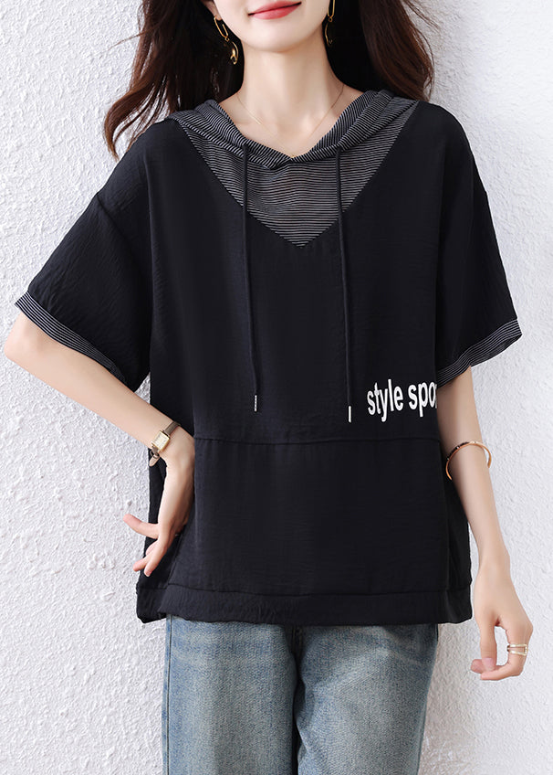 Plus Size Black Hooded Patchwork Cotton Sweatshirt