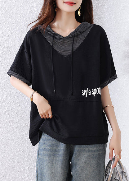 Plus Size Black Hooded Patchwork Cotton Sweatshirt