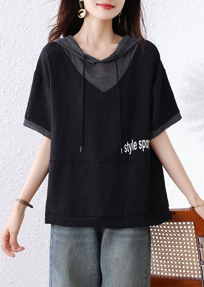 Plus Size Black Hooded Patchwork Cotton Sweatshirt
