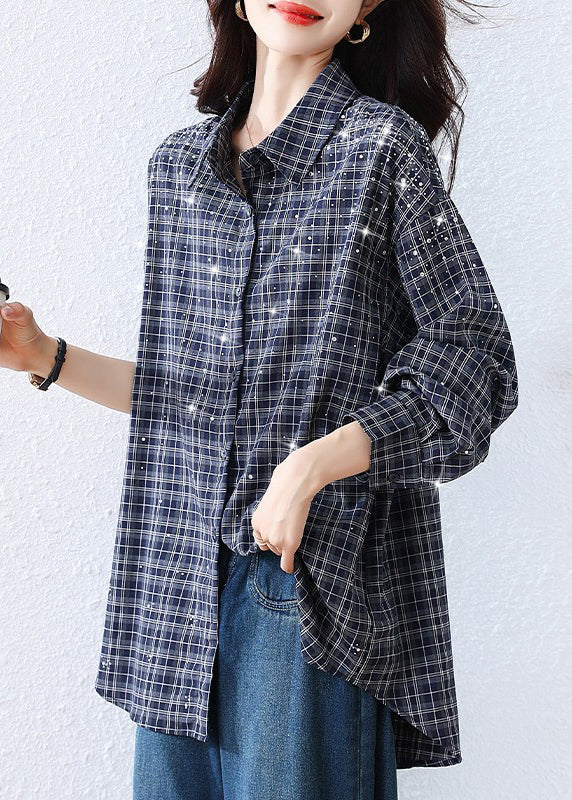 Plus Size Blue Plaid Rhinestone Cotton Blouse Top