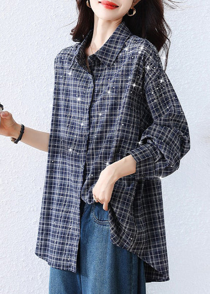 Plus Size Blue Plaid Rhinestone Cotton Blouse Top