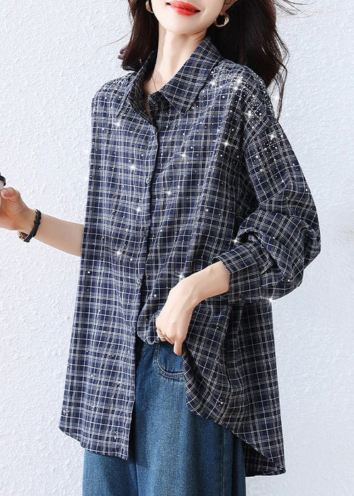 Plus Size Blue Plaid Rhinestone Cotton Blouse Top