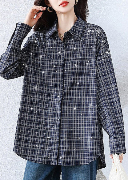 Plus Size Blue Plaid Rhinestone Cotton Blouse Top