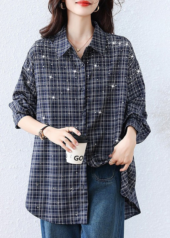 Plus Size Blue Plaid Rhinestone Cotton Blouse Top