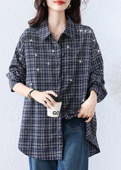 Plus Size Blue Plaid Rhinestone Cotton Blouse Top