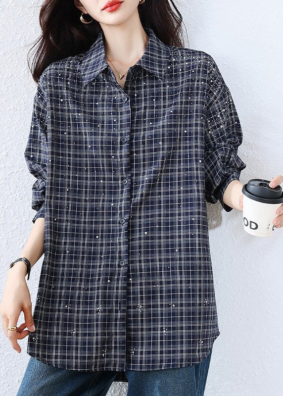 Plus Size Blue Plaid Rhinestone Cotton Blouse Top