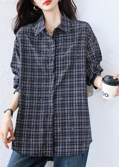 Plus Size Blue Plaid Rhinestone Cotton Blouse Top
