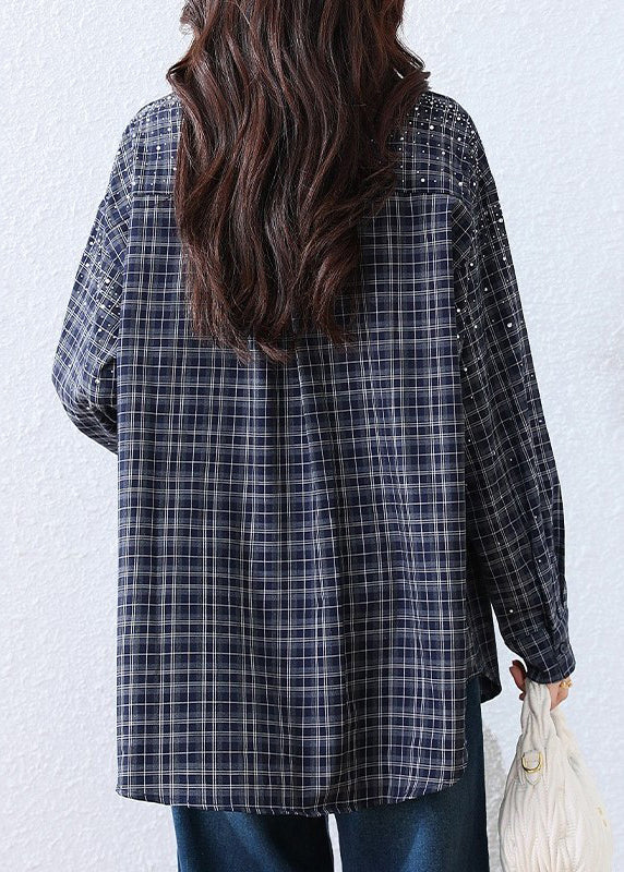 Plus Size Blue Plaid Rhinestone Cotton Blouse Top
