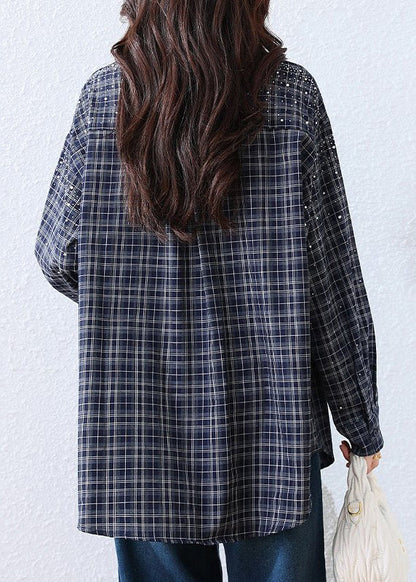 Plus Size Blue Plaid Rhinestone Cotton Blouse Top