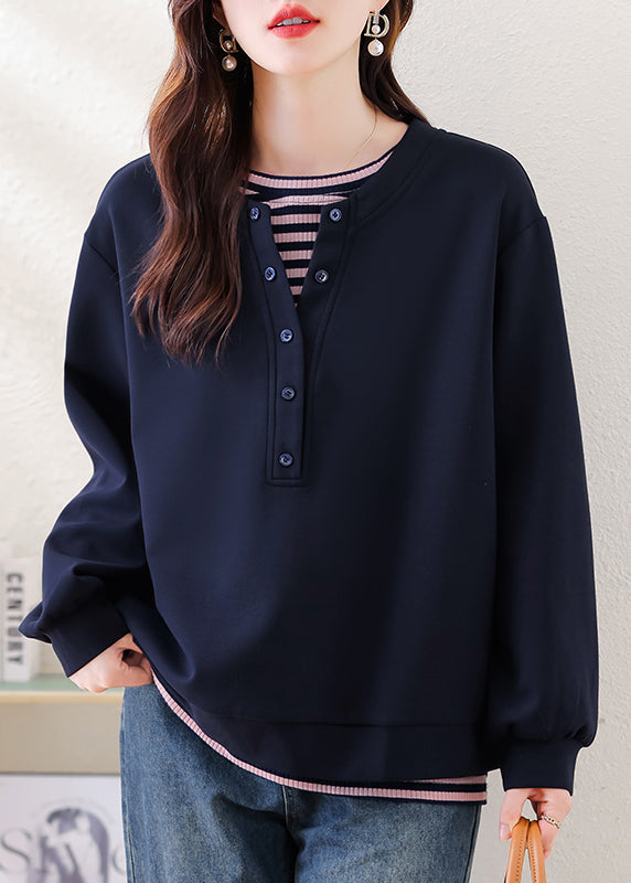 Plus Size Navy Oversized Patchwork Cotton Sweatshirt Streetwear