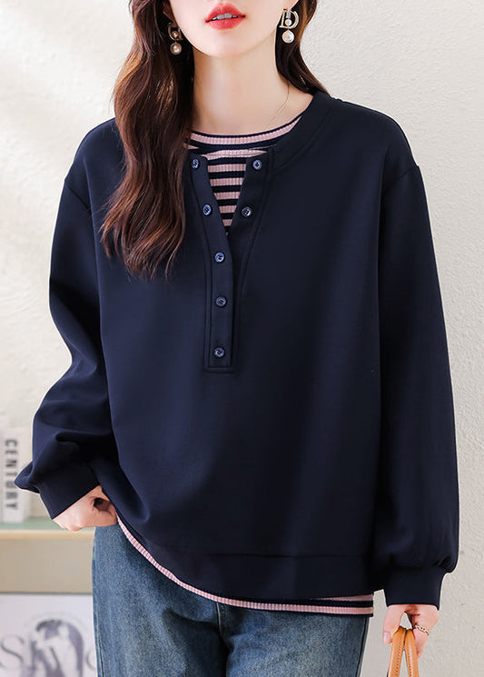 Plus Size Navy Oversized Patchwork Cotton Sweatshirt Streetwear
