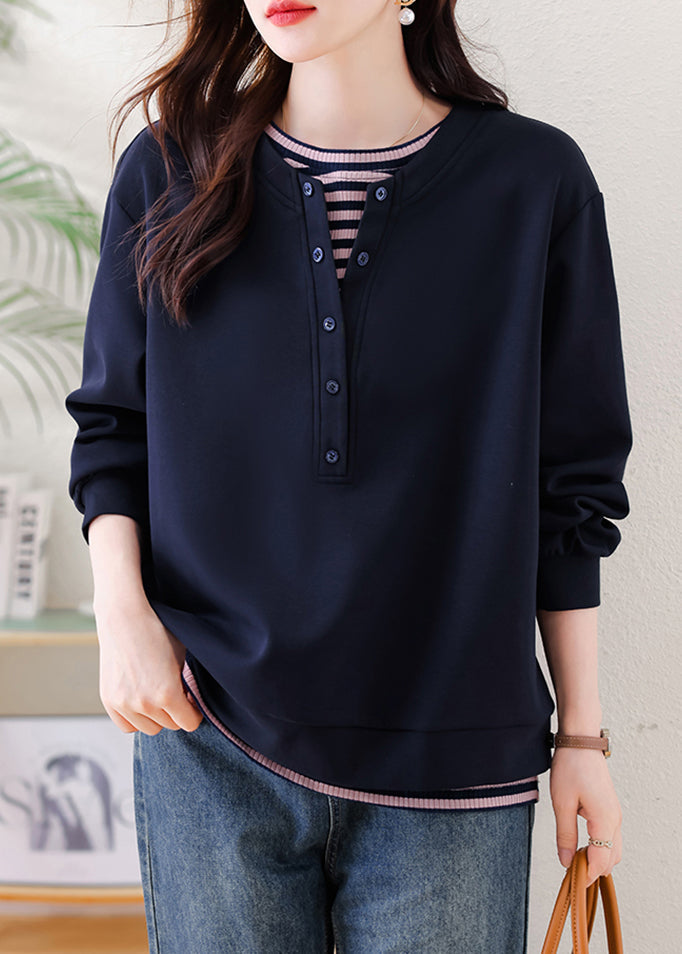 Plus Size Navy Oversized Patchwork Cotton Sweatshirt Streetwear