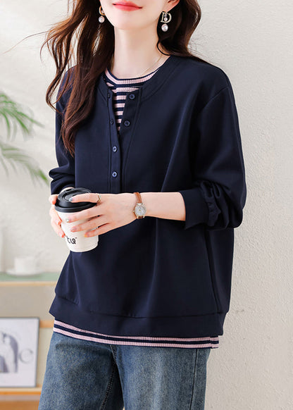 Plus Size Navy Oversized Patchwork Cotton Sweatshirt Streetwear