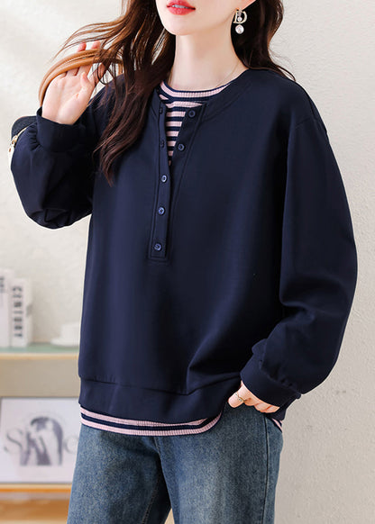 Plus Size Navy Oversized Patchwork Cotton Sweatshirt Streetwear