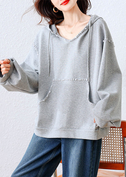 Grey Hooded Nail Bead Cotton Sweatshirts Tracksuits