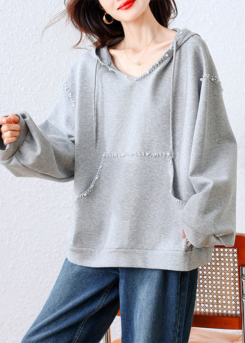 Grey Hooded Nail Bead Cotton Sweatshirts Tracksuits