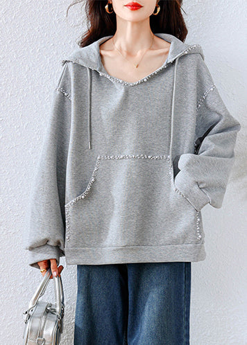 Grey Hooded Nail Bead Cotton Sweatshirts Tracksuits